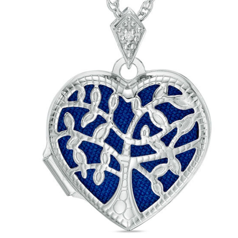 Zales Diamond Accent Silver & Blue Tree Heart Locket Necklace in Sterling Silver